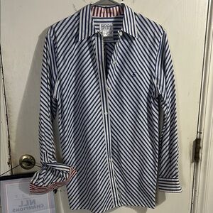 Escada Sport long sleeved Navy and White Diagonal Striped Shirt